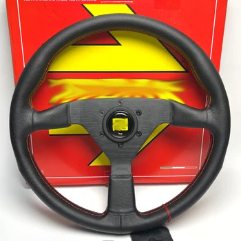 14 Inch Genuine Leather Steering Wheel MOMO Racing Universal Black Steering Wheel Red Stitching