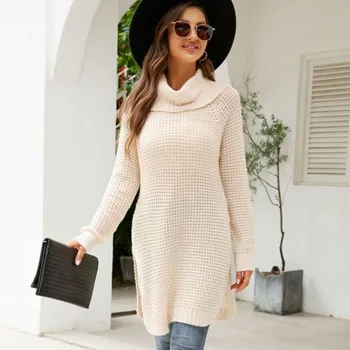 Low Moq Good Quality Fall Winter New Fashionable Plaid Warm Soft Acrylic Pullover Turtle Neck Knit Top Long Sweater For Woman