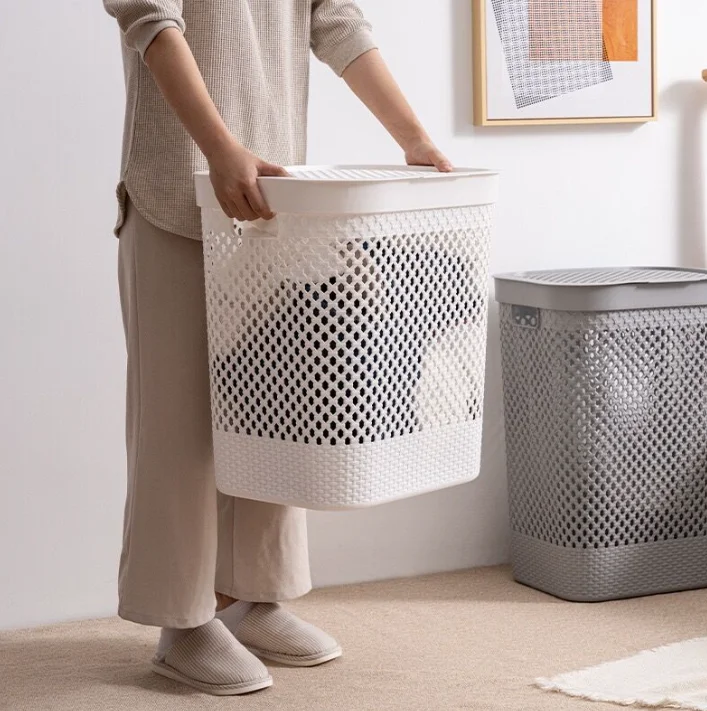Large  Woven Dirty Laundry Basket Plastic Laundry Basket Bathroom Dirty Clothes Storage Basket Japanese Style