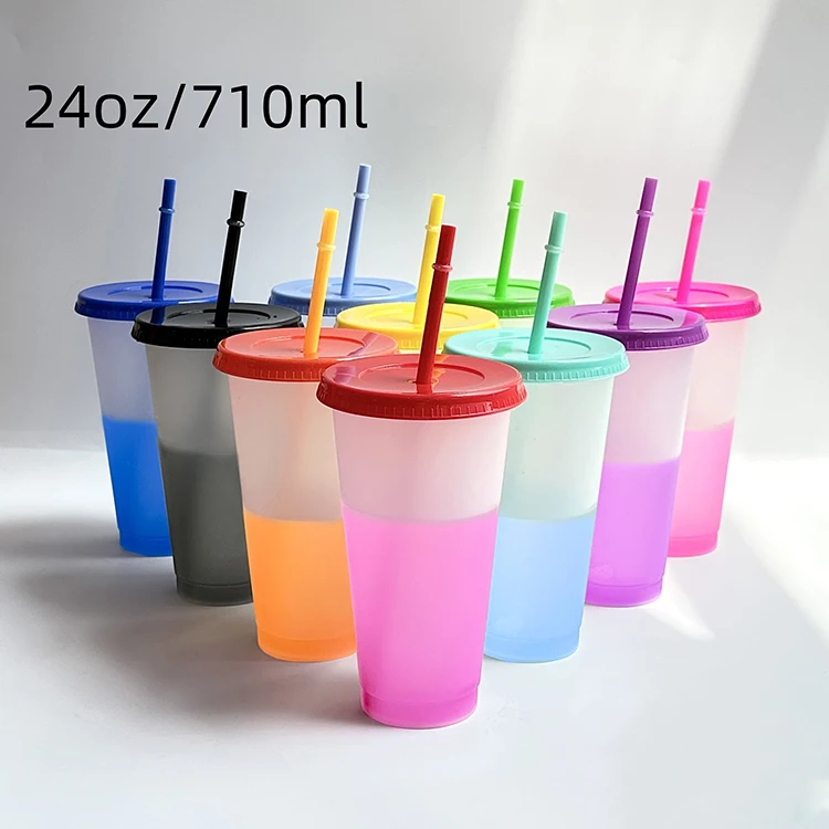 24oz Color Changing Coffee Mug, Reusable Plastic Cup with Lid & Straw,  Customizable for Daily Use Custom Logo for Gift & Office