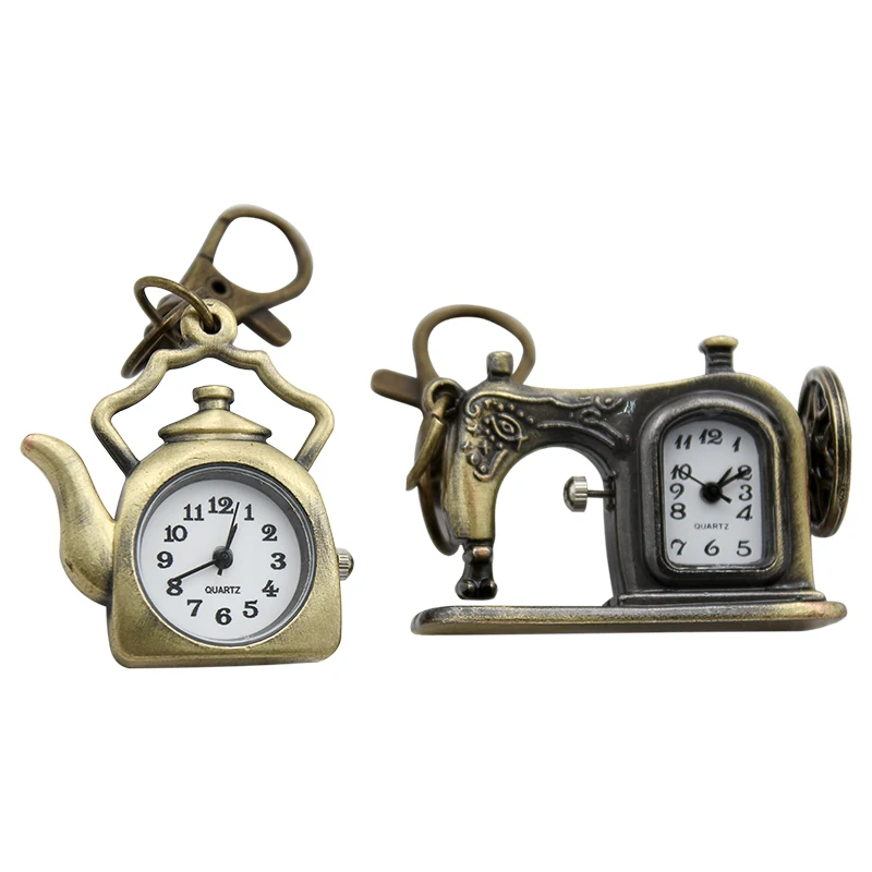 China Supplier New Design Custom Antique 3d Brass Personalized Mini Sewing Machines Kettles Clock Keychain
