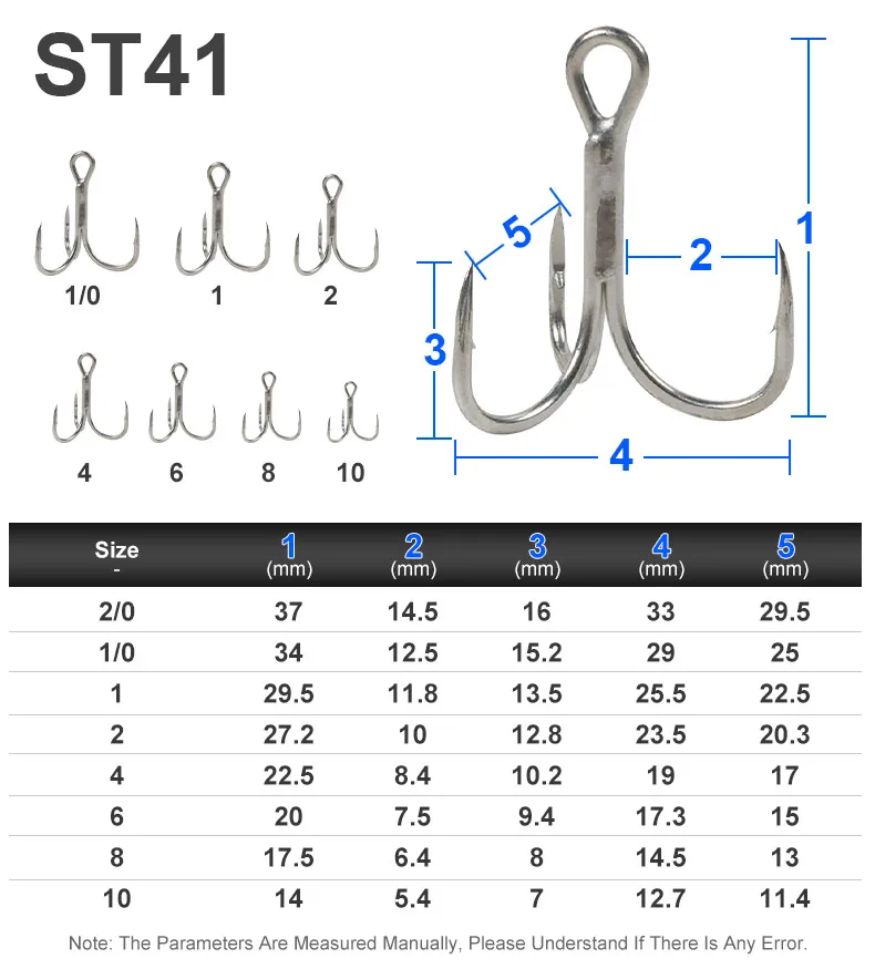 St41 3x Traditional Long Shank Round Bend Cutting Point 3x Treble Hook High Carbon Steel
