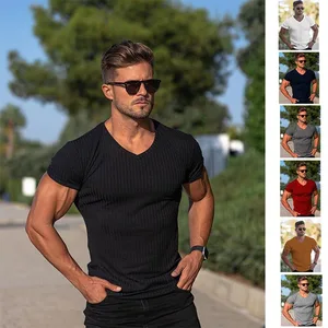 Summer Men's Sports and Leisure Solid Color V-neck Short Sleeved T-shirt