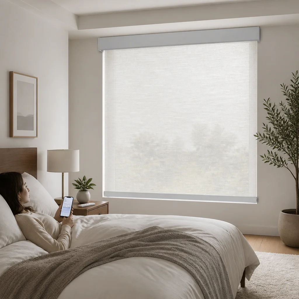 Motorized Roller Shades Semi-Sheer Cream RF Remote App Voice Control Square Headrail Arc Rail Bedroom Custom Size Wholesale