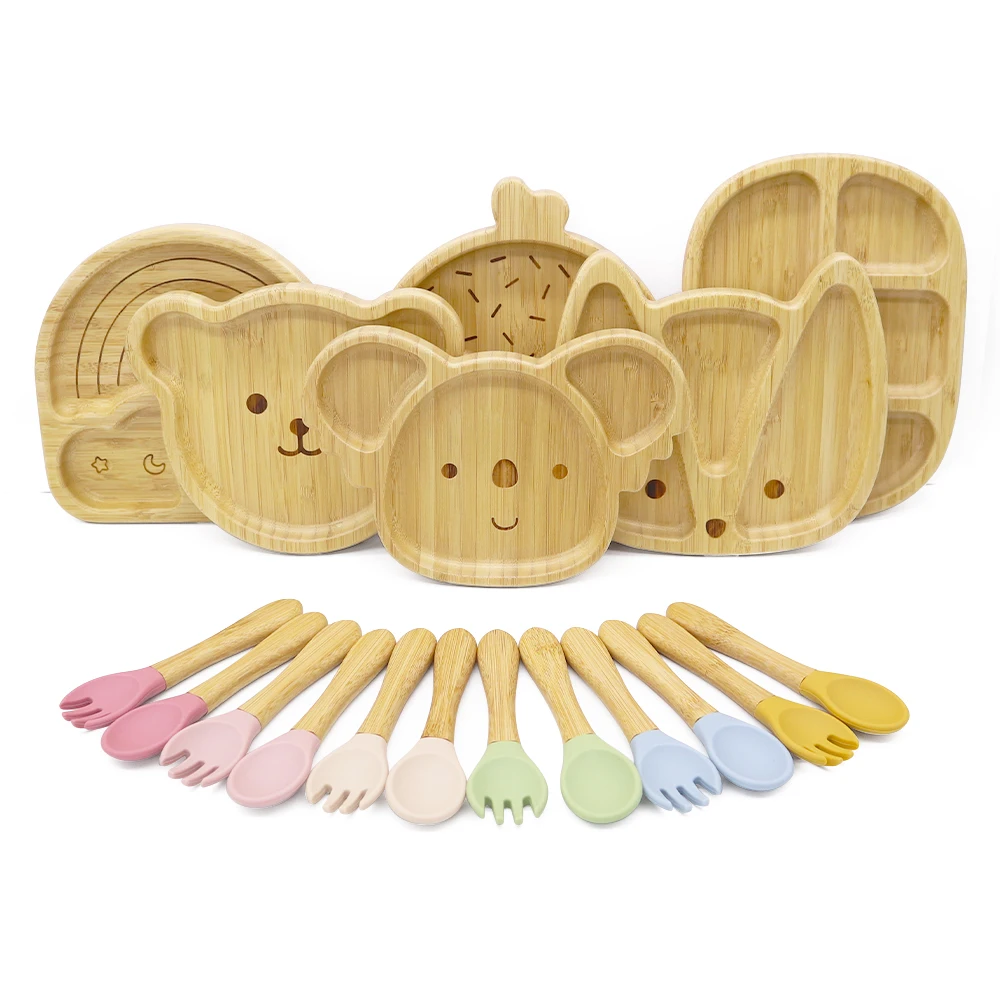 Melikey Custom Baby Tableware Weaning Set Bowl Spoon Kids Animal Suction Plate Baby Bamboo Feeding Set