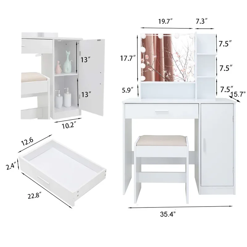 White Vanity Table with Led Light Makeup Mirror Small Dressing Table Make up Vanity Table Set