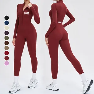 High Quality Custom Women's Zipper Long Sleeve Tight Gym Jumpsuit Outdoor Running Workout Tummy Control Warm Yoga Bodysuit