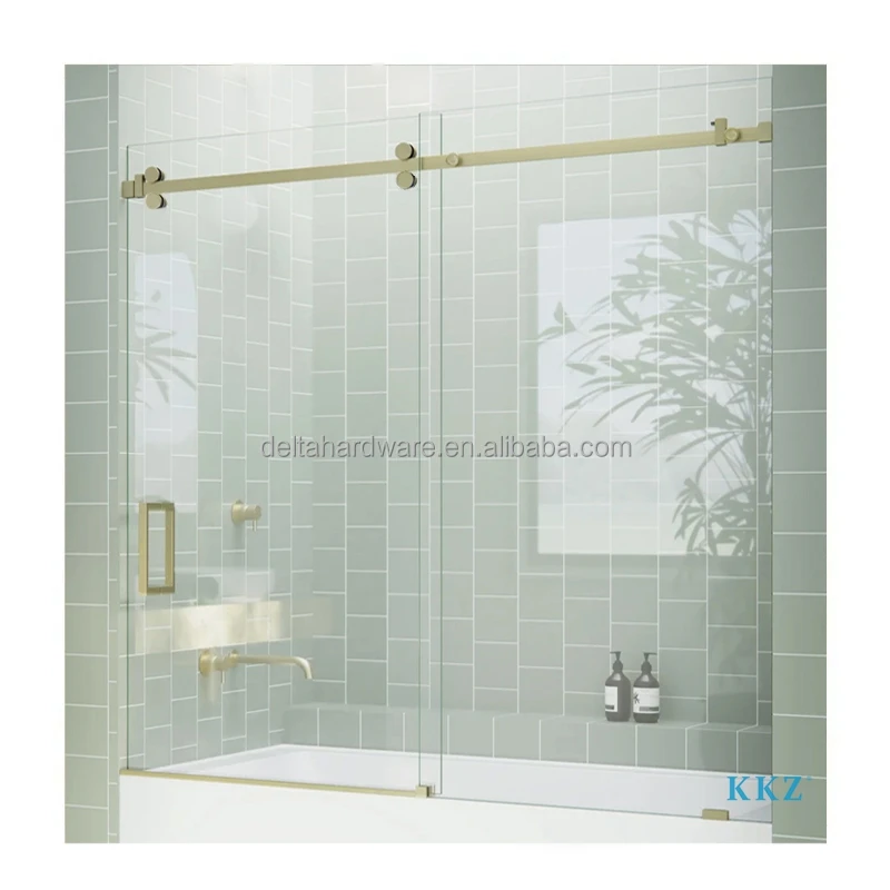 KKZ SQ4  Igt Stainless Steel 304 Satin Brass Gold Shower Screen Roller Sliding Glass to Wall System