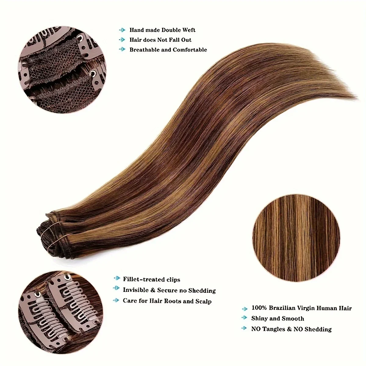 Straight Clip in Hair Extensions 100% Real Human Hair Brown Highlights Blonde Clip In Remy Human Hair Extension For Women_voghion.com