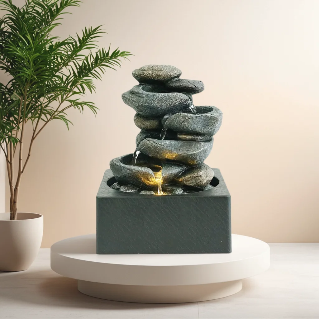Four Layer Rockery Tabletop Water Fountain Decoration Home Decoration with LED Lights for Indoor Religious Buddhism GENO 100pcs