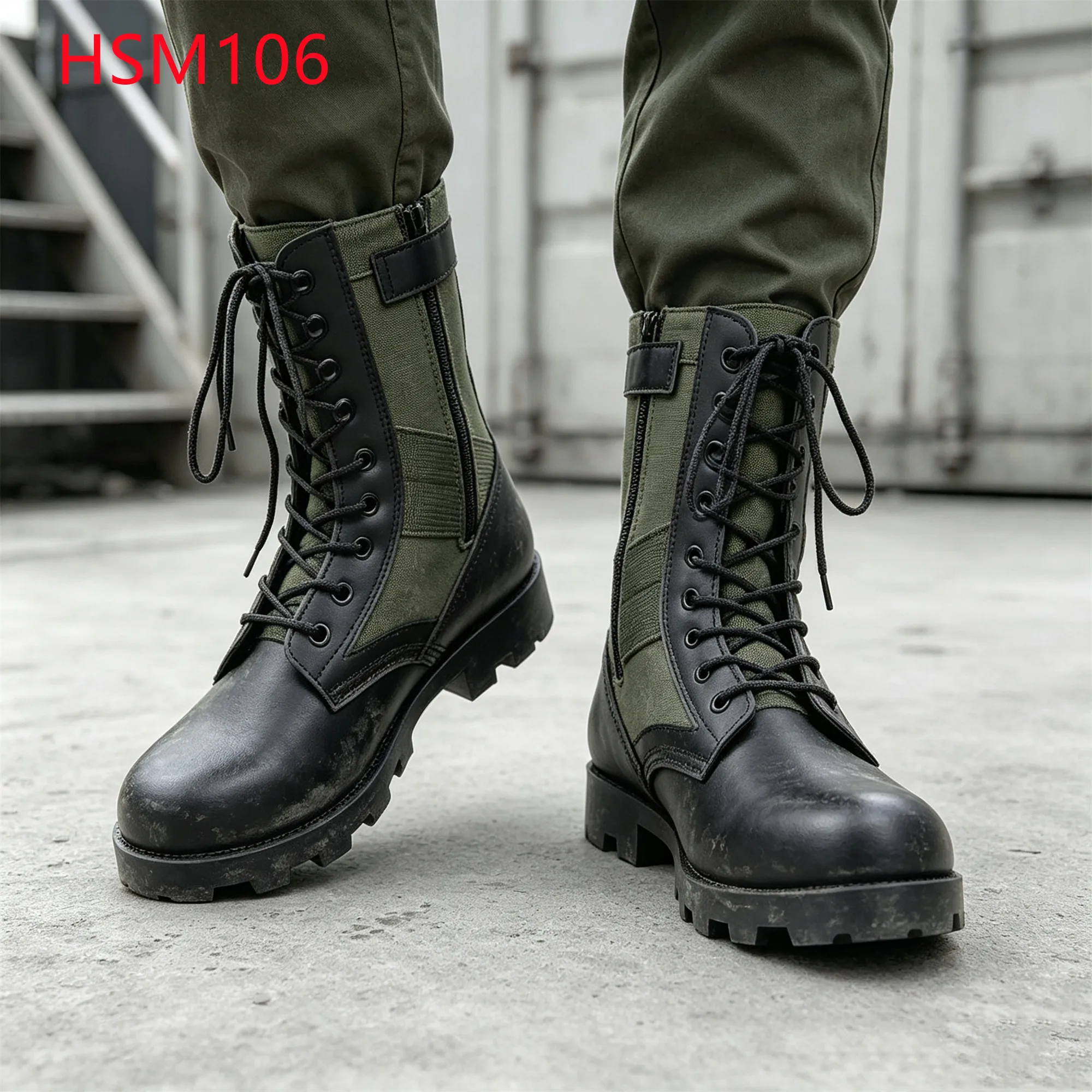 LXG,Disaster Relief Green Hua Singh Hunting Boots with Zip&velcro Steppe Exploration Deep-lug Rubber Sole Jungle Boots HSM106