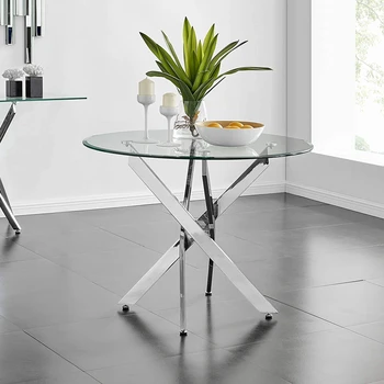 Newest Chrome Metal Round clear tempered glass top round dining table with silver stainless steel legs