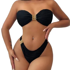 Custom Ribbed Metallic Bikini Tube Top Beachwear High Waist Bandeau Swimwear for Women 2026