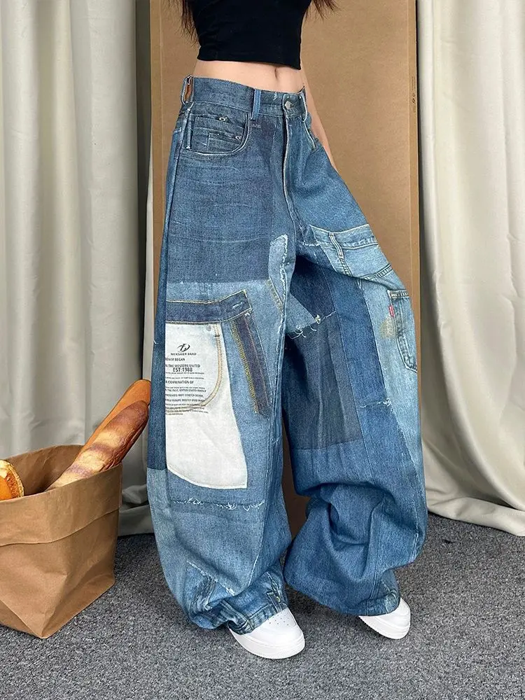 Custom Washed Washed Rhinestone Wide Leg Jeans Denim Pants Wide Leg Denim Jeans Baggy Women's Pants Women Jeans