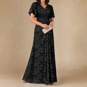 ZYHT 73983 Solid Black Jacquard Satin Long Maxi Short Sleeve V-Neck Ruffle Pleats Mom Mother Elegant Party Evening Dress