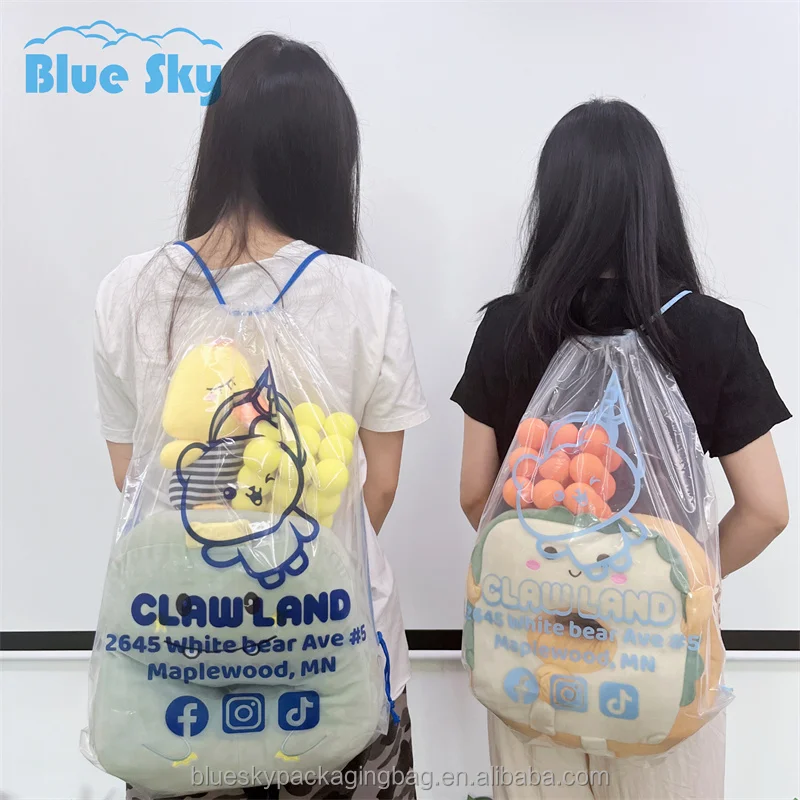 Number One Sales Made in China Large Capacity Drawstring Storage Bag Bear Plush Toy Doll Transparent Plastic Pvc Dust Backpack