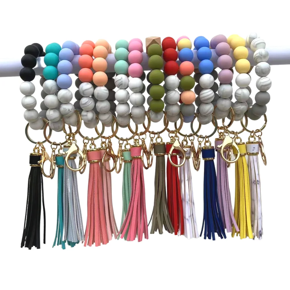 Silicone Bead Keychain Wristlet With Pu Tassel For Woman Silicone