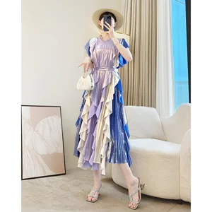 Miyake High-End Casual Lady Dress with Elegant Pleated Gradient Ruffled Waist Gradient Ruffled Waist Dress