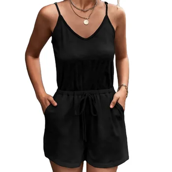 new product Sexy Solid color V-neck loose casual strap jumpsuit pants