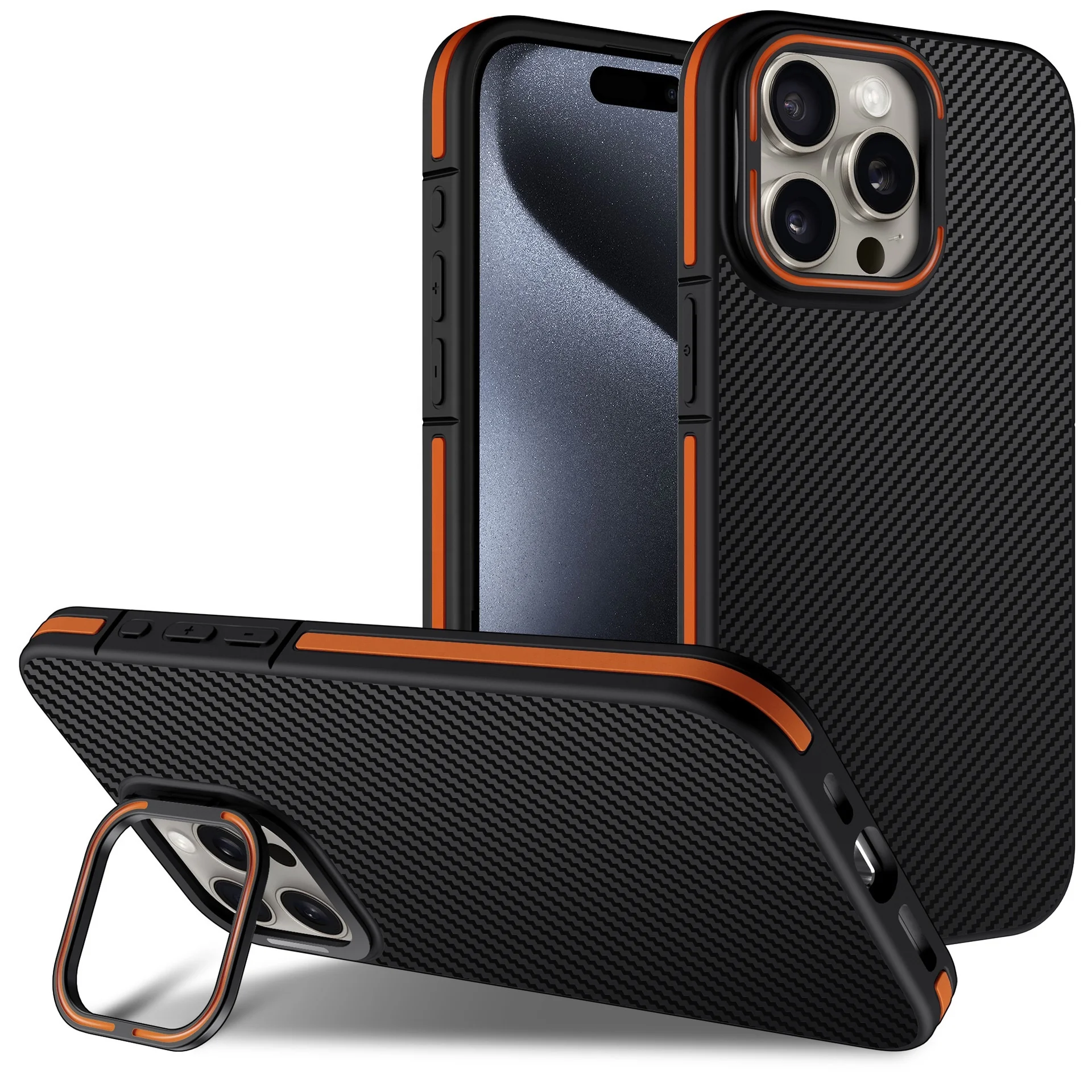 Phone Cases Fiber Carbon For Iphone 16 15 14 13 12 11 Plus Pro Max Sturdy Durable Case Magnetic With Metal Camera Kickstand