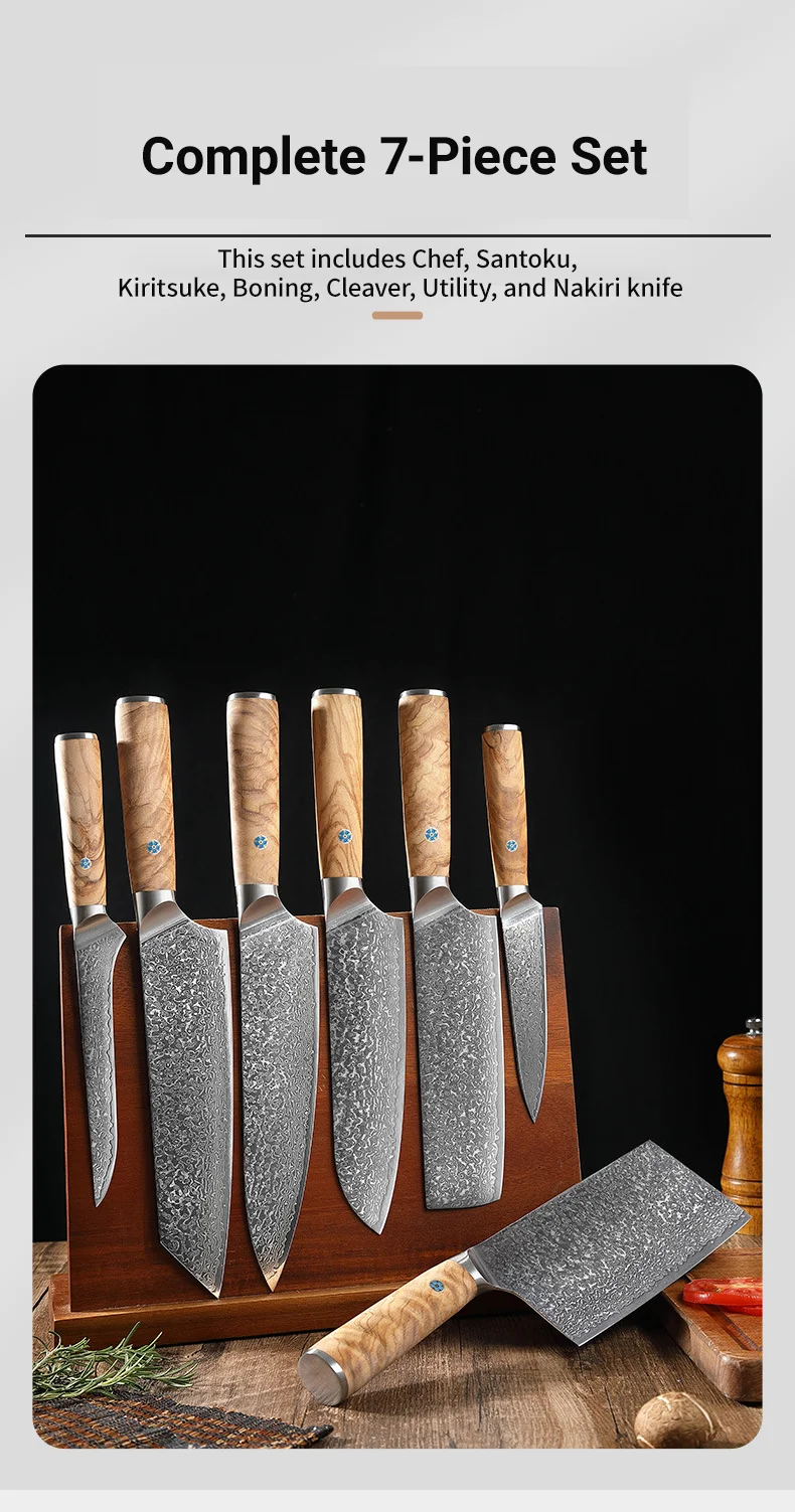 JJ 7 PCs Set 67 Layers Damascus 10Cr15Mov Core Steel Kitchen Knife Set with Olive Wood Handle Custom Stainless Steel Knife Set