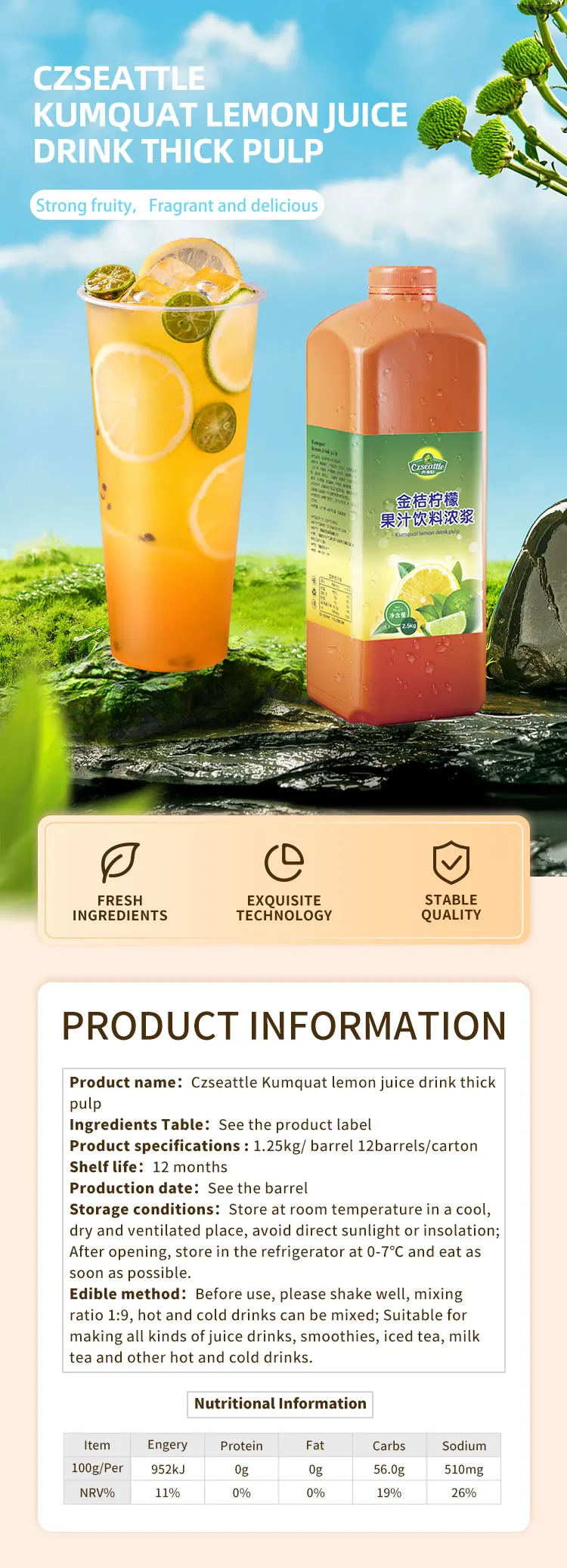 Czseattle Kumquat Lemon Fruit Juice Drink & Beverage Fruit Juice Syrup