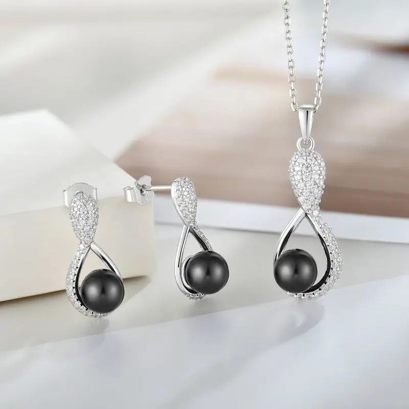 2024 Women Synthetic Black Pearl Pendant Necklace 925 Silver Diamond Black  Pearl Swan Pendant Necklace