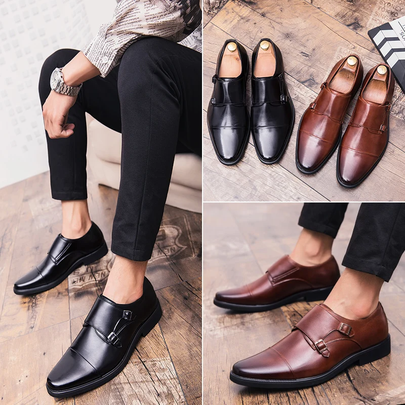 Dress Shoes For Men Slip On Double Monk Strap Two Tone Cap Toe PU Leather Non Slip - 6