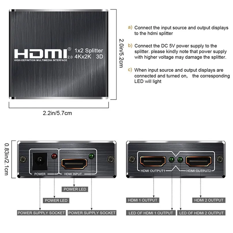 4K 120Hz HDMI Splitter 1 in 2 Out, 1x2 Power HDMI Splitter 2 Ports w/AC