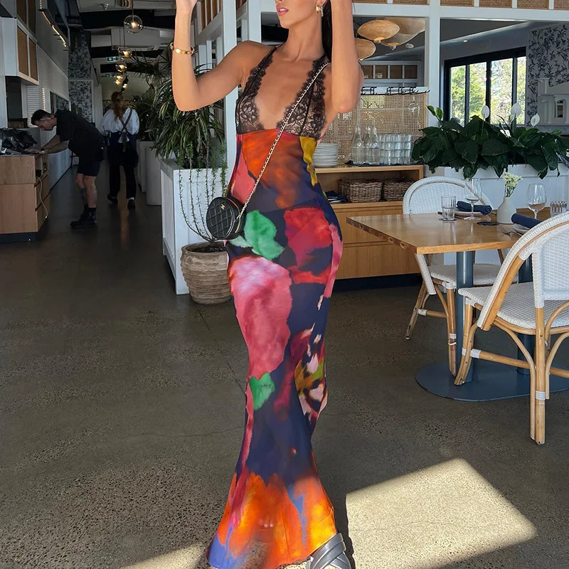 2023 Summer Spring Chiffon Tie-dye Backless Sexy Slim Long Dress Women  Halter Lace V-Neck Leopard Print Beach Party Maxi Dress| Alibaba.com