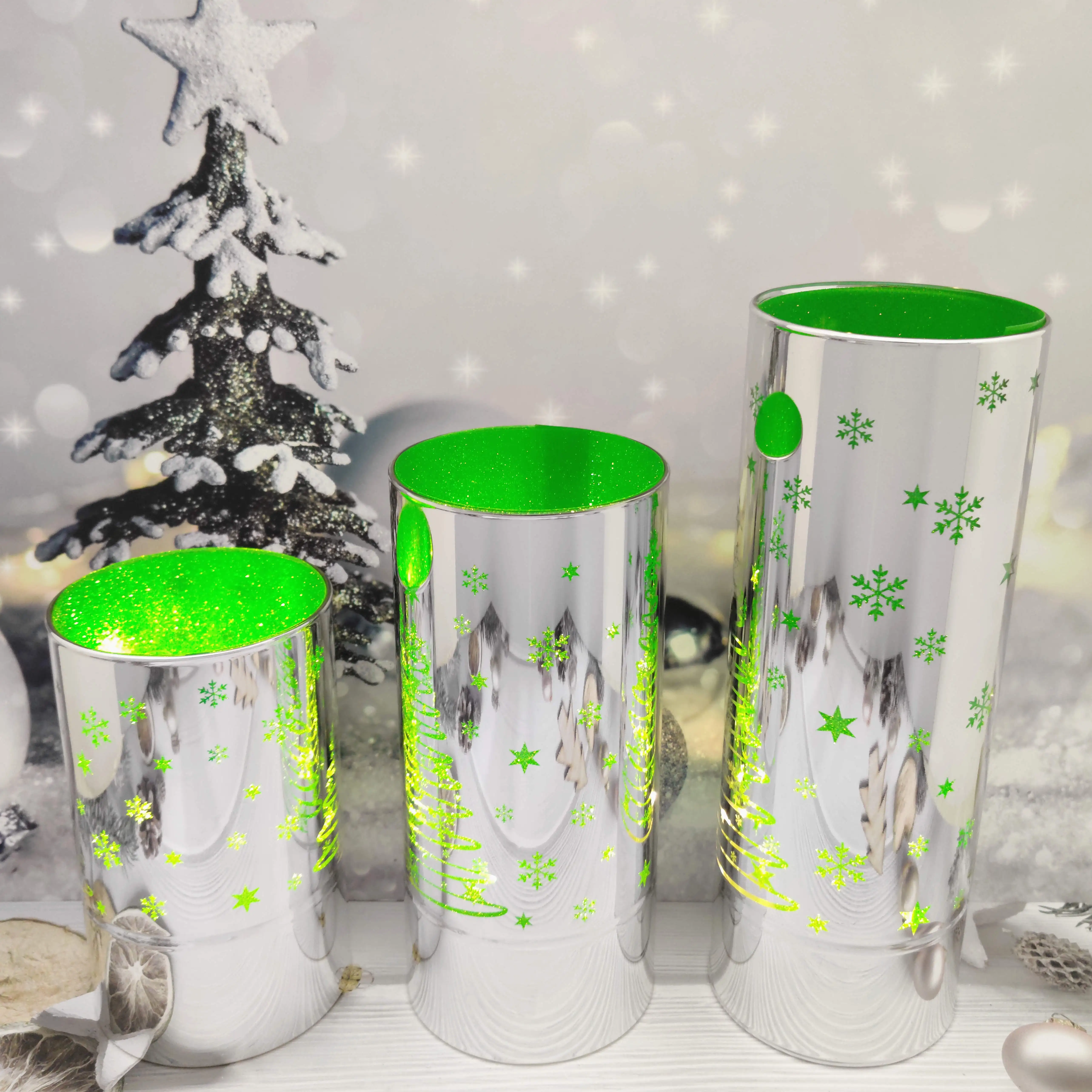 Battery operated led light up glass Christmas cylinder hurricane table decoration setting ideas manufacture