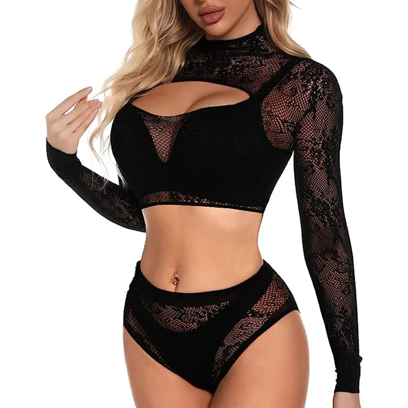 Nightwear Fishnet Top and Bottom Woman Lingerie Set Sexy Bodysuit Two Piece  Babydoll for Women Transparent Bra Exotic