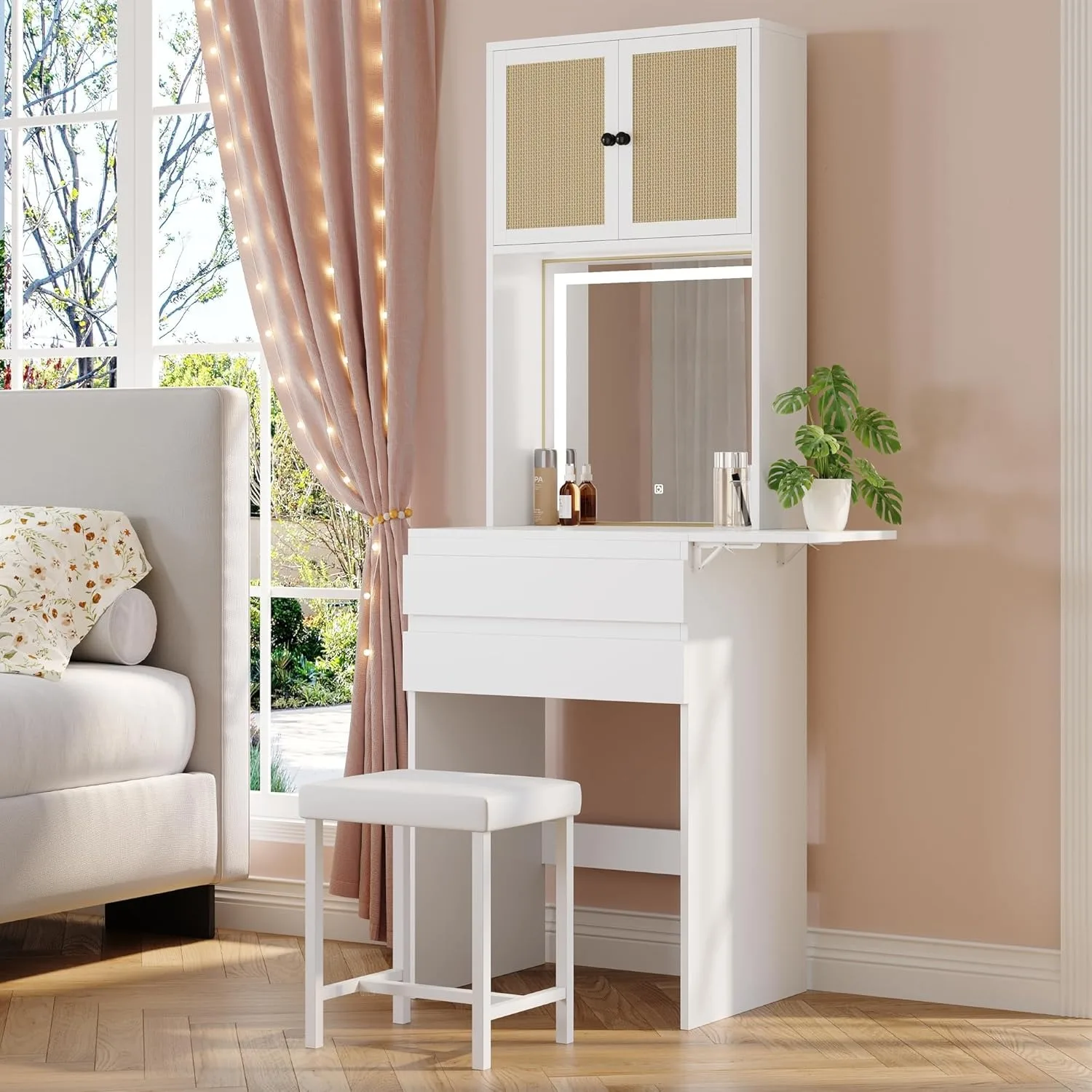 Adjustable Small Dressing Table with Mirror and Drawers Space Saving Skinny Panel Cabinet Vanity Desk for Makeup