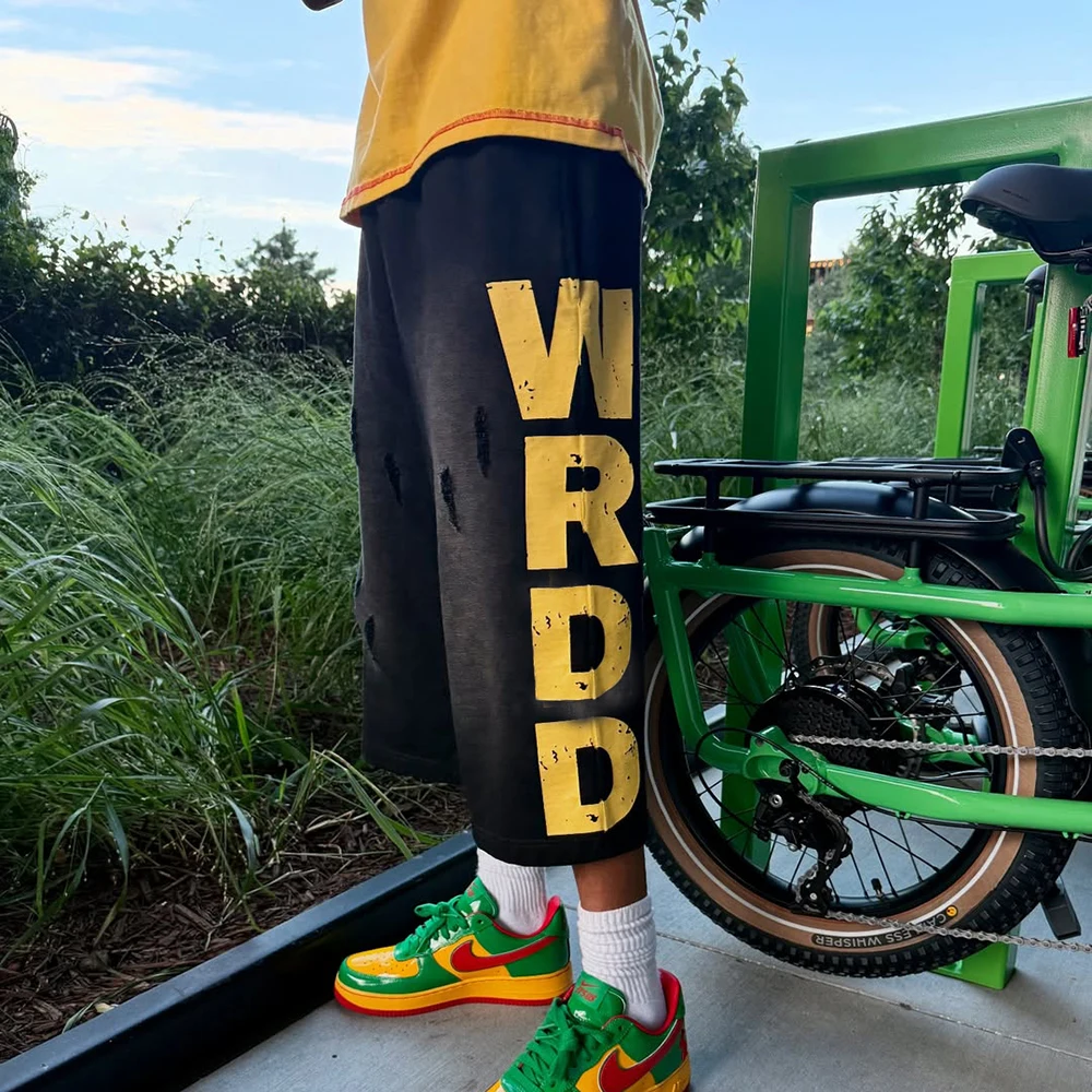 Tagagawa ng Pasadyang Iminprentang Sobrang Laki, Habang Tuwa, May Rip, Sira-sira, Maluwang, Vintage Acid Wash na Sweat Jogger Shorts para sa Lalaki