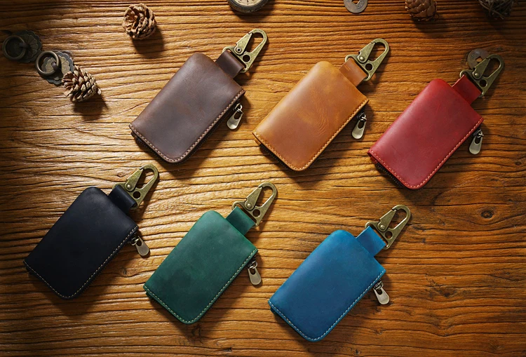 Genuine Leather Vintage Key Holder Organizer With Zip Pouch_voghion.com