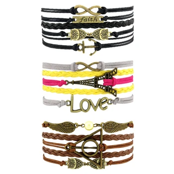 Factory Infinity Love Anchor Tree Owl Octopus Cross Elephant Arrow Charm Sister Hope Faith Love Friendship Leather Wrap Bracelet