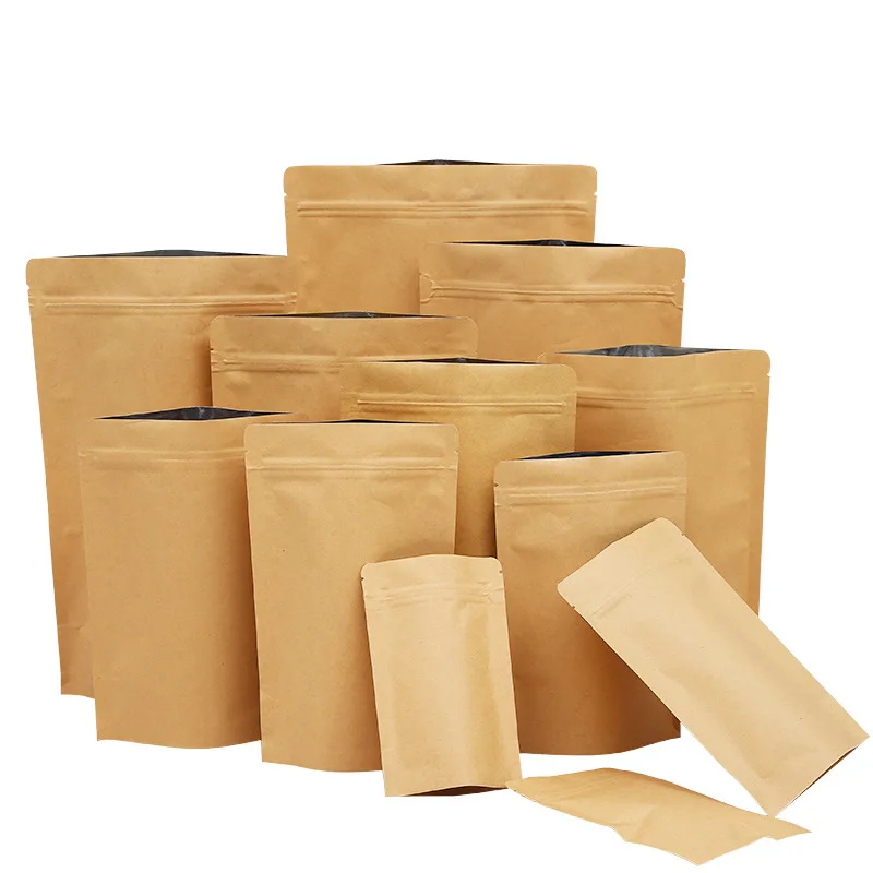 Custom Biodegradable Kraft Paper Stand Up Child Proof Zip Lock Packaging Bags For Snacks and Bars
