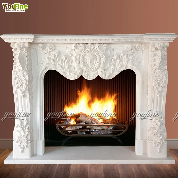 YouFine Hand Carved Natural White Marble Fireplace Mantel Arched French Style Figured Statue Fireplace Surround Luxury Decor
