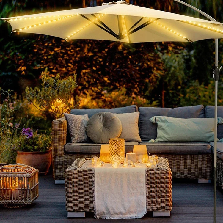 hanging lights for patio umbrella Solar 9-10ft 8-Rib Remote Control powered LED lights that will light up your night and create a place of peace that you can enjoy. AMIR Patio Umbrella LED String