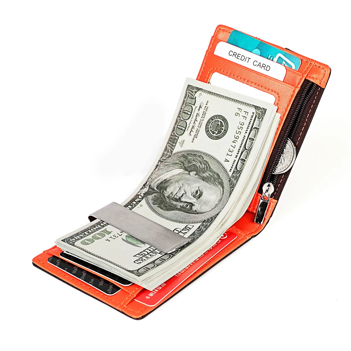 RFID Блокировка тонкий натуральный кожаный двойной бумажник с металлическим зажимом для наличных