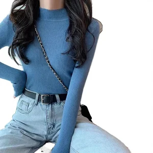 A Long-sleeved Semi-high Neck Sweater with a Base Layer and a Semi-high Neck Pullover in a Solid Color for Women