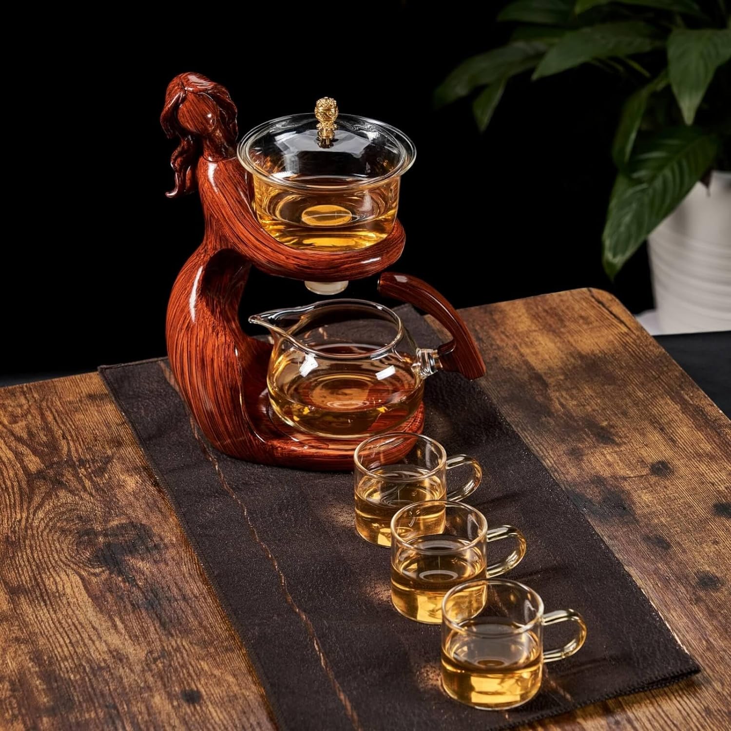 Creative Lady Magnetic Induction Kungfu Tea Set Semi-Automatic Glass Teapot with Infuser and 6 Small Cups for Coffee & Tea