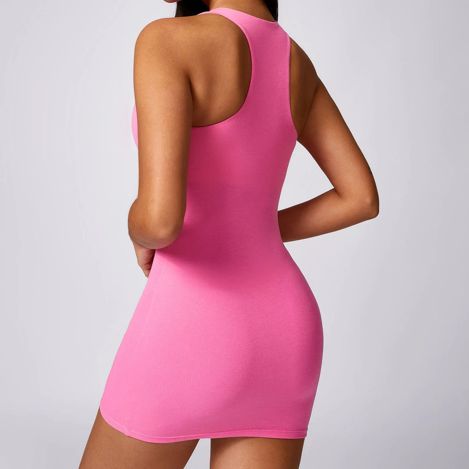 Ladies Breathable Blank Colors Round Neck Sleeveless Slim Fit Cotton Summer  Dress Women's Daily Hip Wrap Casual Dresses