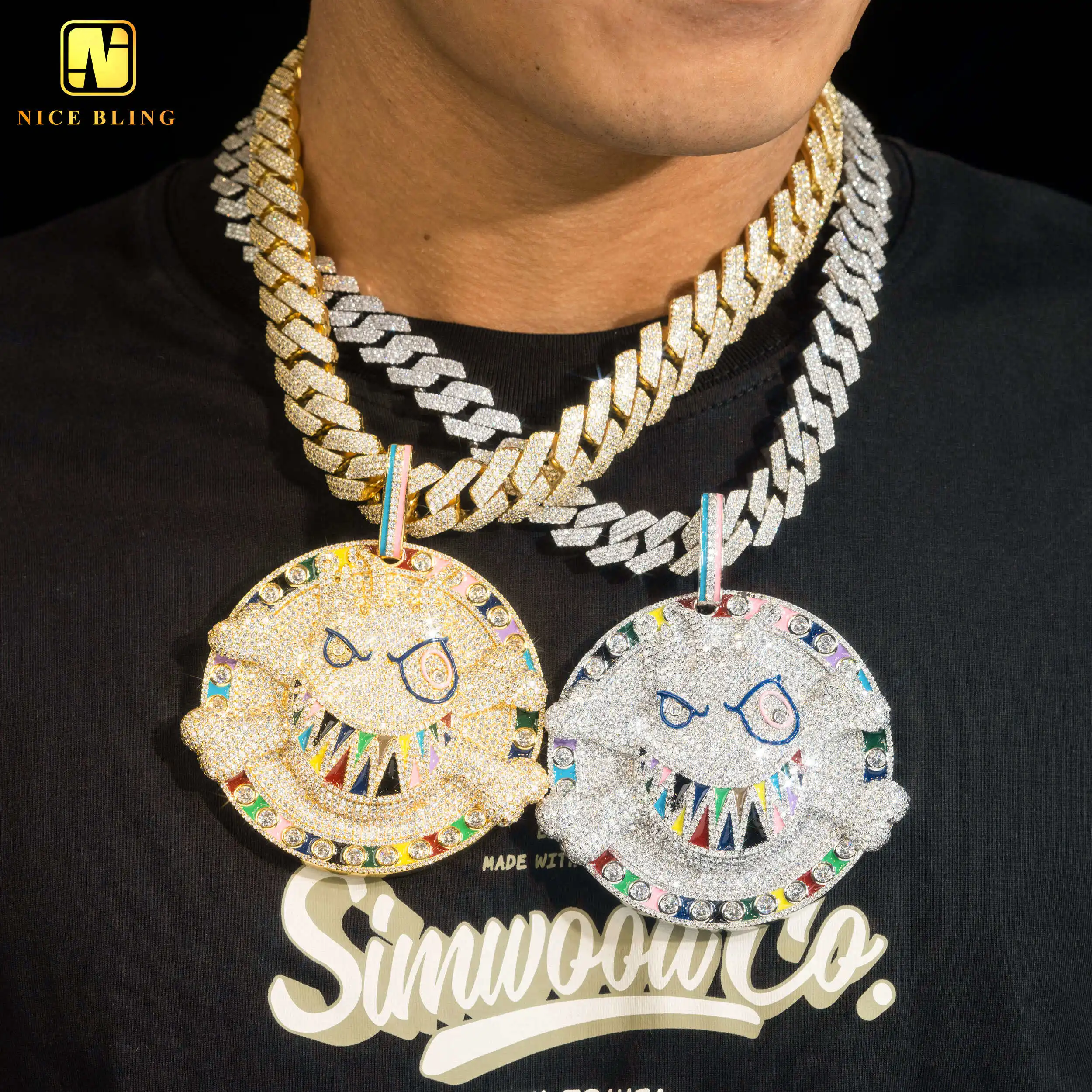 China Jewelry Wholesale Skull Face Cartoon Pendant Exaggerated Colorful CZ  Jewelry Hip Hop Rock Iced Out Gifts for Men Rappers