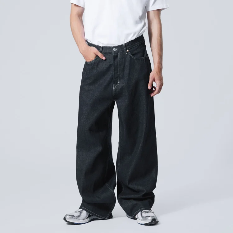 Custom Leather Patch Logo Japanese Denim Jeans Solid Wide