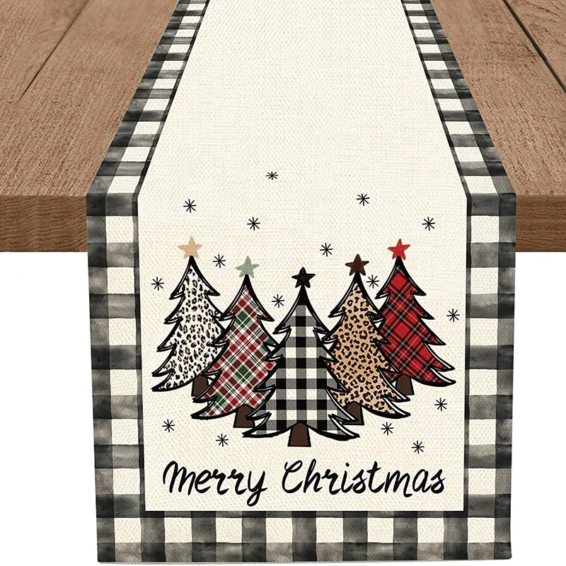 Christmas Decoration Linen Burlap Table Cloth Buffalo Plaid Christmas Trees Table Runner 4998