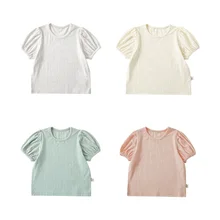 Wholesale Summer Kids T-shirts For Girls Puff Sleeve Knitted Girls T Shirt Cotton Plain Girls T-shirts