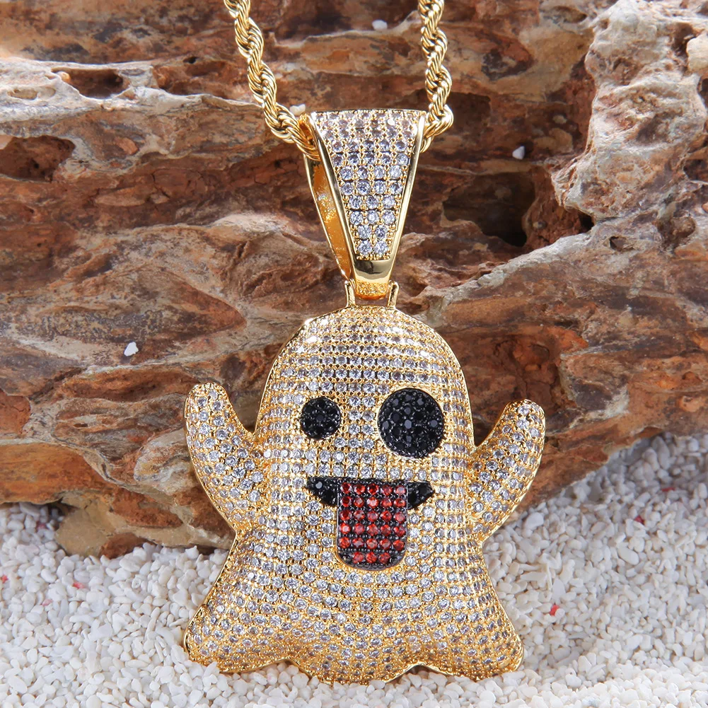 Bling Cubic Hip Hop Flashing Cartoon Crystal Ghost Face Pendant Necklace  and Men's Hip Hop Rock