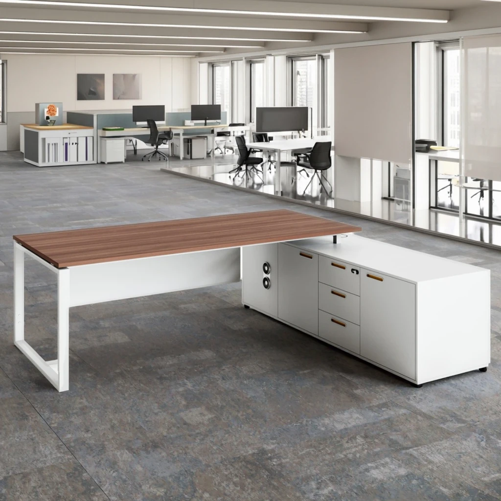 Modern High Quality Executive Office Desk with Multifunctional Lift Socket Storage Cabinet Steel Frame Workstation for Business 3