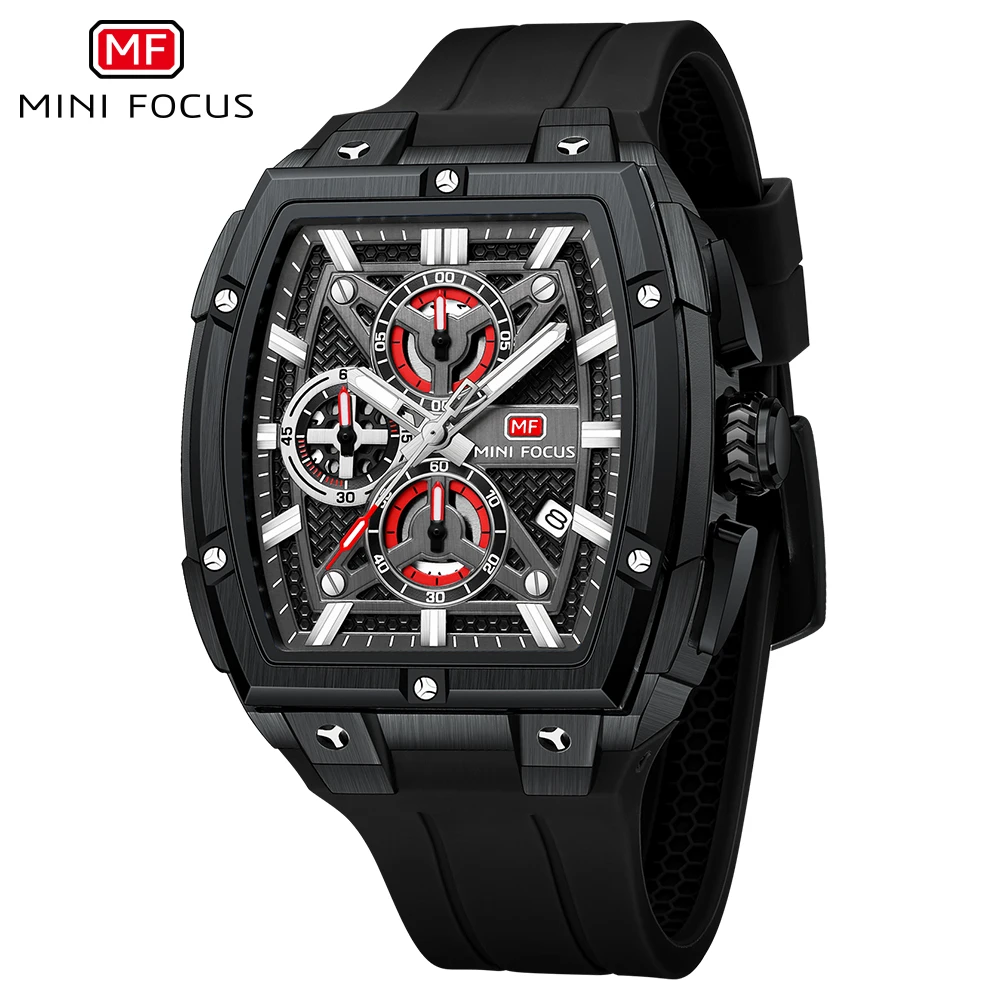 MINI FOCUS Chronograph Quartz Man New Model Watch for Men Sport Wristwatch with Black Rose Gold Silicone Strap MF0602G